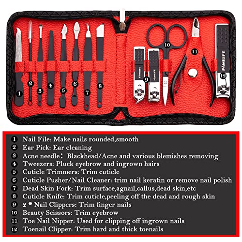 FAMILIFE Manicure Set Manicure Kit Nail Clippers - 13PCS Nail Kit Mens Grooming Kit Pedicure Set Professional Manicure Set Stainless Steel Gifts for Men Black Red Travel Case Nail Care Gifts For Women