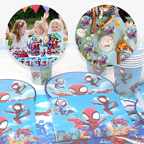 Spider Party Tableware, Spider Party Decorations, Spidey and His Amazing Friends Birthday Party Supplies, Includes Table Cover, Banner, Plates, Napkins, Paper cups,Straws, Fork- Serves 10 Guests