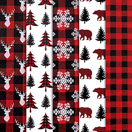 Whaline Christmas Tissue Paper Red Black Plaid Wrapping Paper Xmas Tree Snowflake Reindeer Gift Wrapping Tissue Paper Rustic Art Paper Crafts for DIY Xmas Winter New Year Party Decor, 100 Sheet