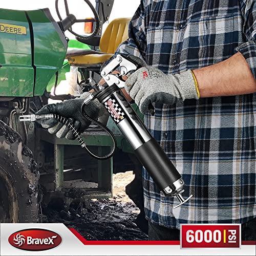 Bravex Heavy Duty Professional Pistol Grip Grease Gun 6000 PSI - 18 inch Flex Hose …