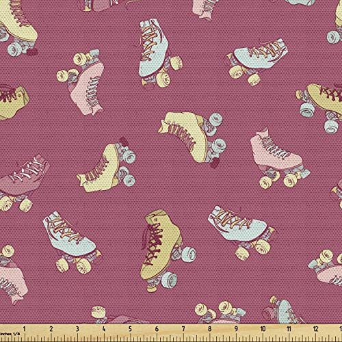 Ambesonne Hobby Fabric by The Yard, Retro Style Roller Skates Old Time Outdoor Classics Fun Activities, Decorative Fabric for Upholstery and Home Accents, 1 Yard, Rose Pink