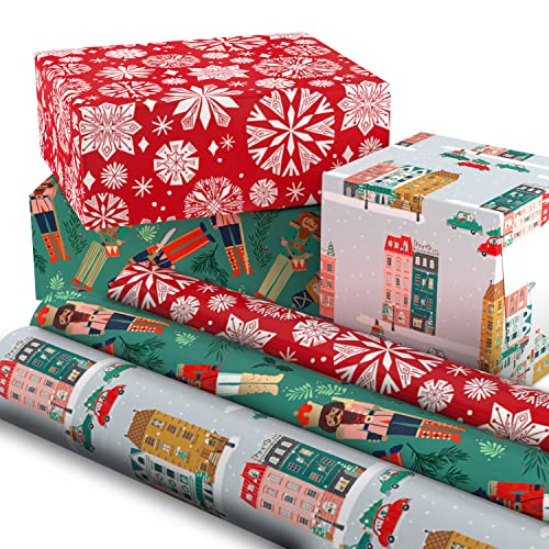 Hallmark Christmas Wrapping Paper with Cutlines on Reverse (3 Rolls: 120 Sq. Ft. Total) Winter City Scene, Rustic Snowflakes on Red, Nutcrackers with Foliage