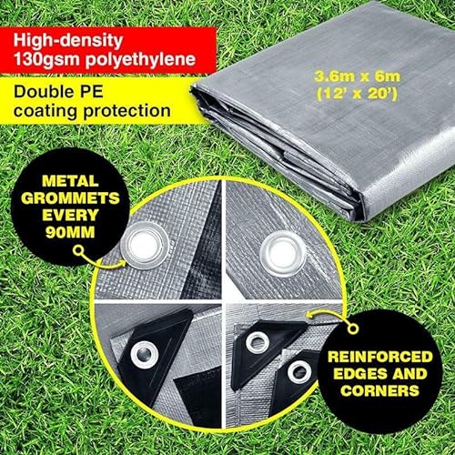 [2PCE] Handy Hardware Heavy Duty Grey Tarpaulin 130gsm 12' x 20' (360cm x 600cm) - Durable and Waterproof Cover