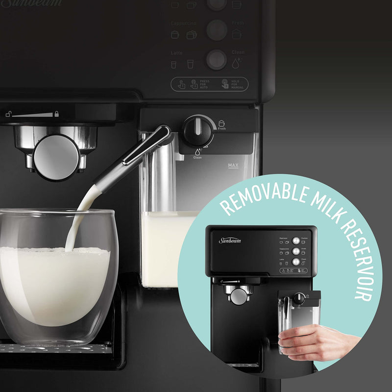 Sunbeam EM5000K Café Barista Coffee Machine | One-Touch Espresso, Latte & Cappuccino Coffee Maker | 2L Water Tank | Automatic Milk Frother & Removable Milk Reservoir | 15 Bar Pump | Black