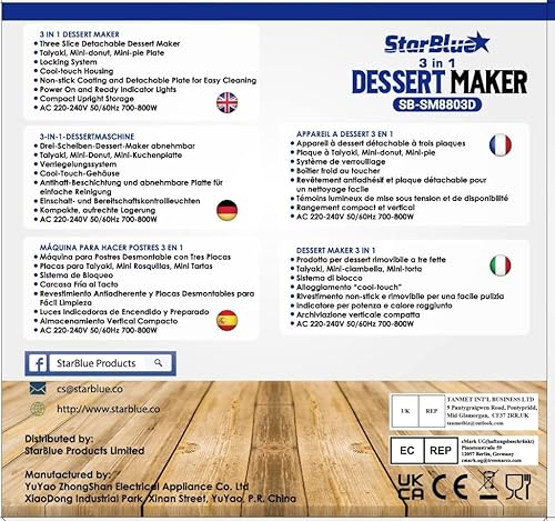 Mini Donuts Baker, Mini Cake and Quiche Baker, Taiyaki Baker - 3 in 1 Three Slices Removable Dessert Baker by StarBlue - White AC 220-240V 50/60Hz 700-800W, UK Plug with EU Adapter