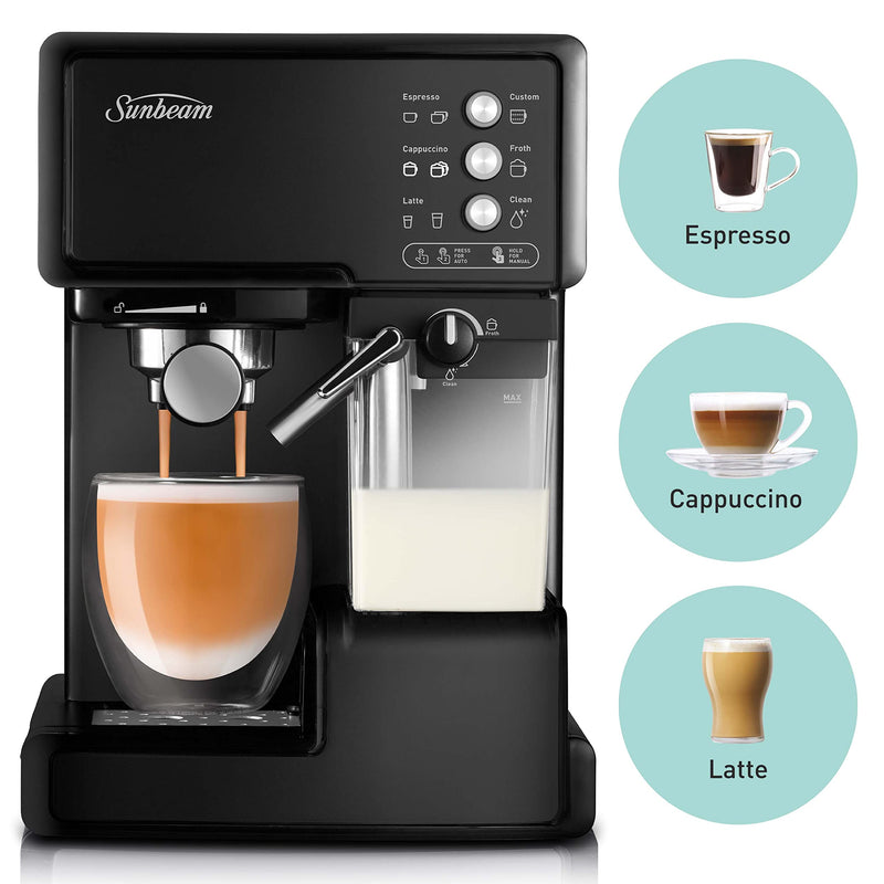 Sunbeam EM5000K Café Barista Coffee Machine | One-Touch Espresso, Latte & Cappuccino Coffee Maker | 2L Water Tank | Automatic Milk Frother & Removable Milk Reservoir | 15 Bar Pump | Black