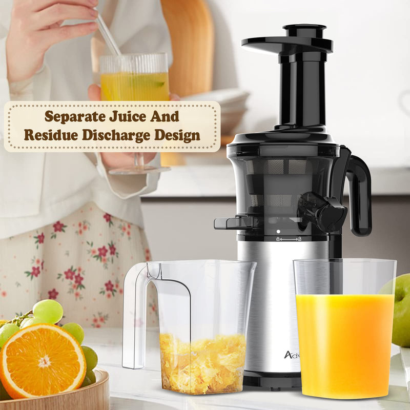 ADVWIN Electric Slow Juicer Multi Blender, 200W Cold Press Slow Juicer Compact Masticating Juicer Machine with Cleaning Brush, 2 Pulp Measuring Cups(350ml & 800ml), Stainless Steel Strainer for Juice, Veg & Ice Cream