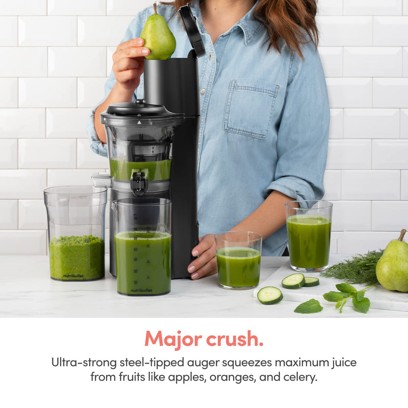 NutriBullet Slow Juicer, Slow Masticating Juicer Machine, Easy to Clean, Quiet Motor & Reverse Function, BPA-Free, Cold Press Juicer with Brush, 150 Watts, Charcoal Black, NBJ50300, 24-oz