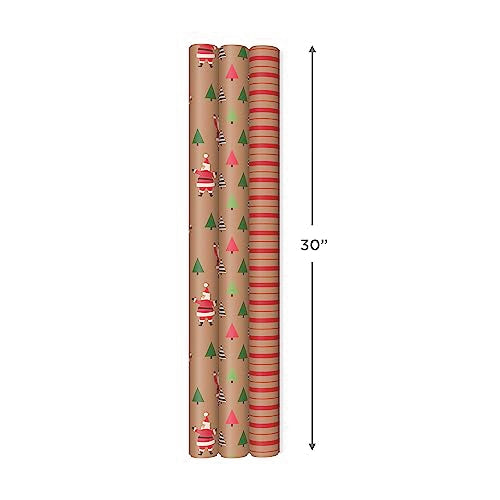 Hallmark Recyclable Christmas Wrapping Paper with Cut Lines on Reverse (3 Rolls: 90 sq. ft. ttl) Kraft Brown with Santas, Green Trees, Red Stripes, 0005JXW1050