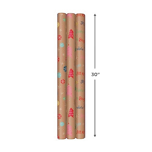 Hallmark Colorful Recyclable Christmas Wrapping Paper with Cut Lines on Reverse (3 Rolls: 90 sq. ft. ttl) Kraft Brown with Snowflakes, Pink Trees, All Kinds of Merry"