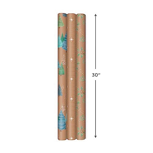 Hallmark Holiday Sustainable Kraft Gift Wrap with Cut Lines on Reverse (3 Rolls: 90 sq. ft. ttl) Wintry Nature: White Snowflakes, Blue and Green Foliage, Christmas Trees, 0005JXW1051