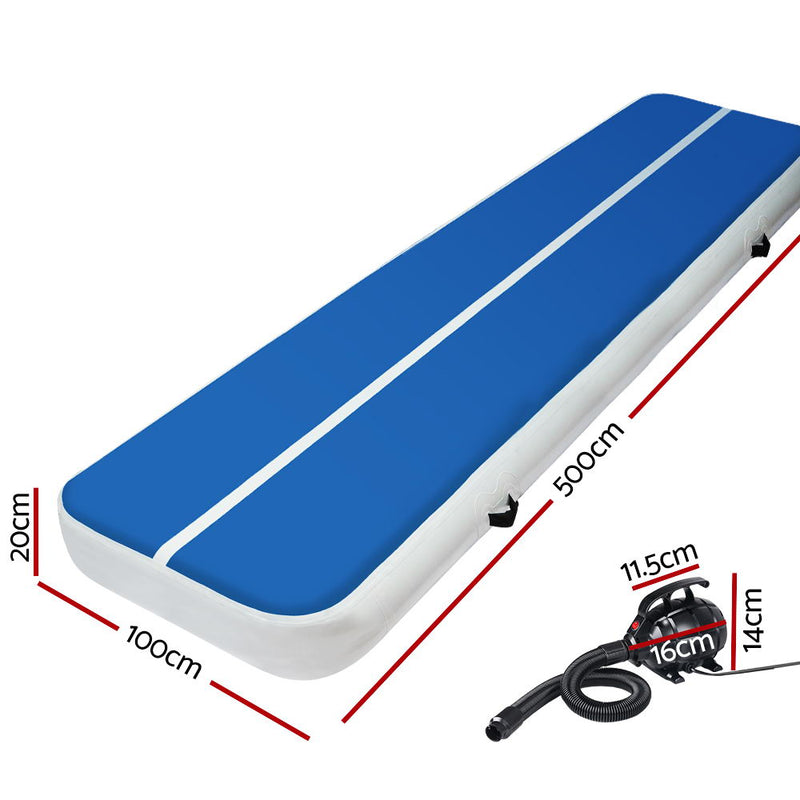 Everfit 5X1M Inflatable Air Track Mat 20CM Thick with Pump Tumbling Gymnastics Blue - Coll Online