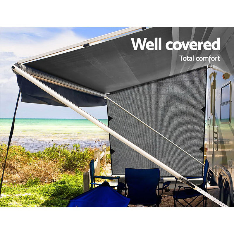 Grey Caravan Privacy Screen 1.95 x 2.2M End Wall Side Sun Shade Roll Out Awning - Coll Online