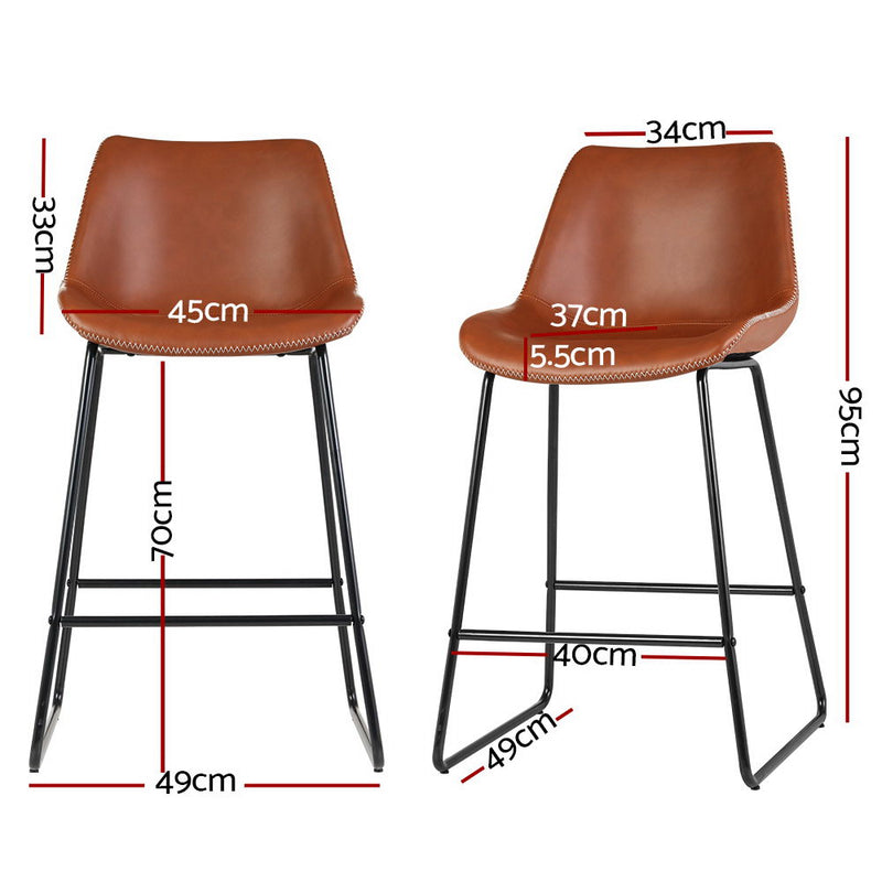 Artiss Set of 2 Bar Stools Kitchen Metal Bar Stool Dining Chairs PU Leather Brown