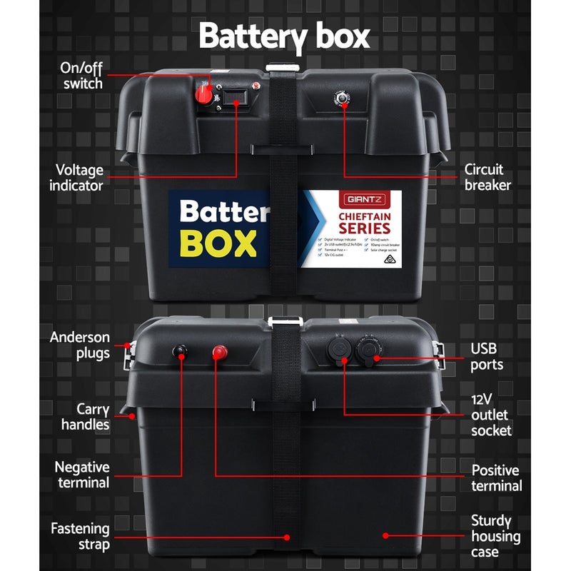 Giantz 100Ah Deep Cycle Battery & Battery Box 12V AGM Marine Sealed Power Solar Caravan 4WD Camping - Coll Online