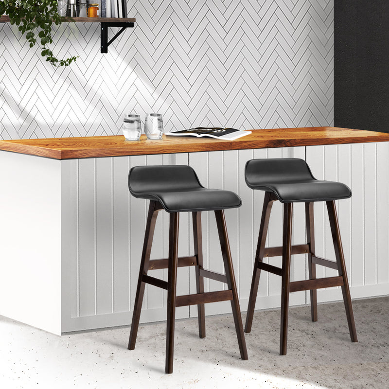 Artiss Set of 2 PU Leather Wood Wave Style Bar Stool - Black