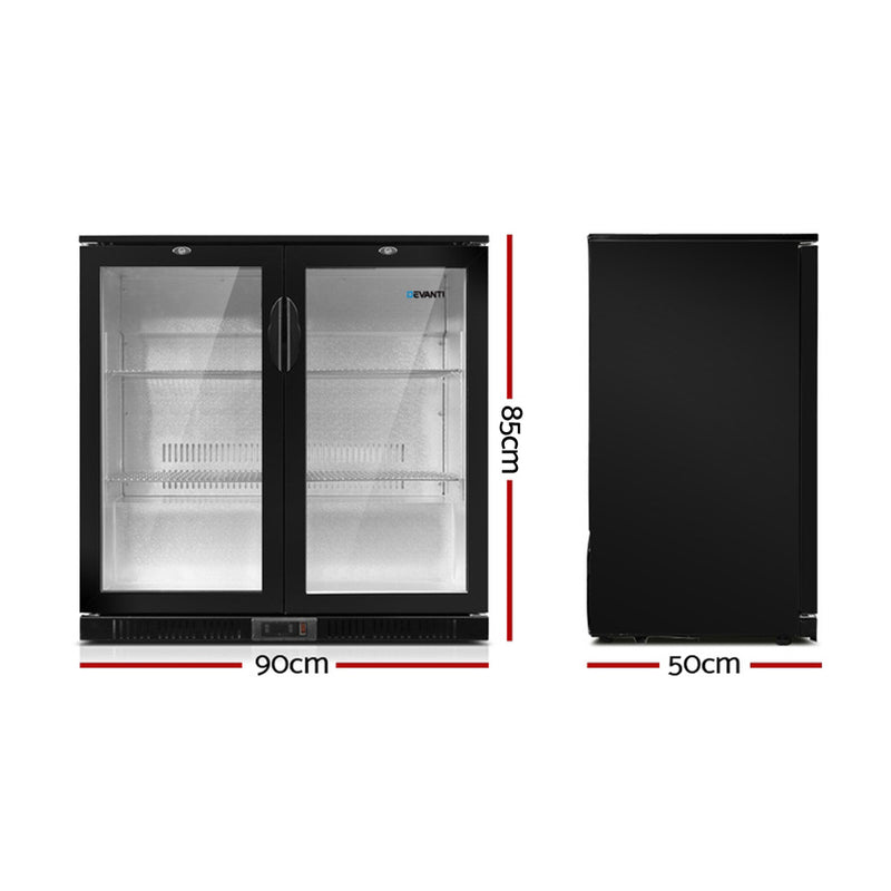 Devanti Bar Fridge 2 Glass Door Commercial Display Freeer Drink Beverage Cooler Black - Coll Online