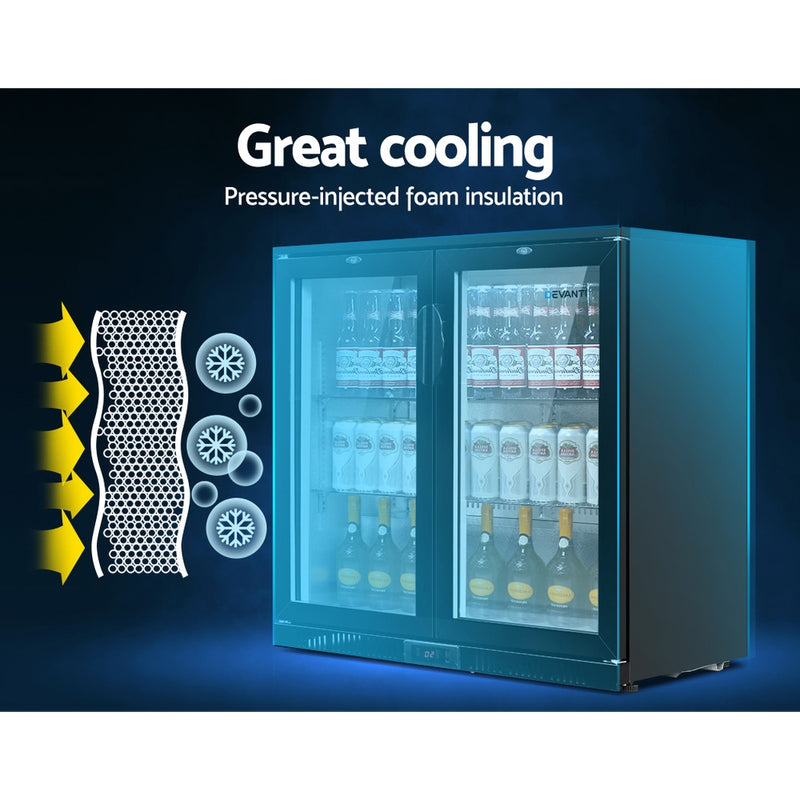 Devanti Bar Fridge 2 Glass Door Commercial Display Freeer Drink Beverage Cooler Black - Coll Online