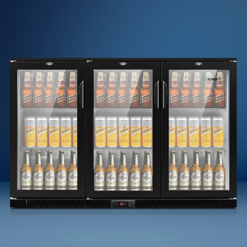 Devanti Bar Fridge 3 Glass Door Commercial Display Freeer Drink Beverage Cooler Black - Coll Online