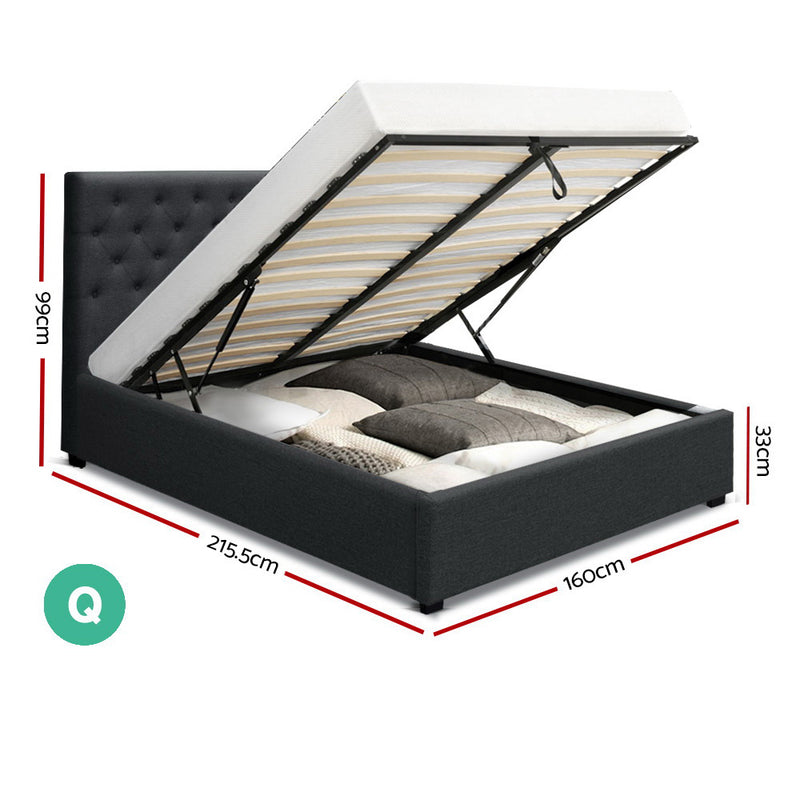 Artiss Queen Size Gas Lift Bed Frame Base With Storage Mattress Charcoal Fabric VILA - Coll Online
