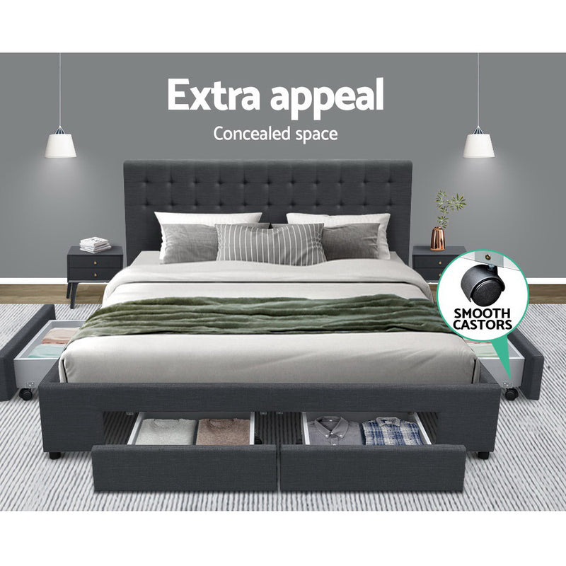 Artiss Queen Size Fabric Bed Frame Headboard with Drawers  - Charcoal - Coll Online
