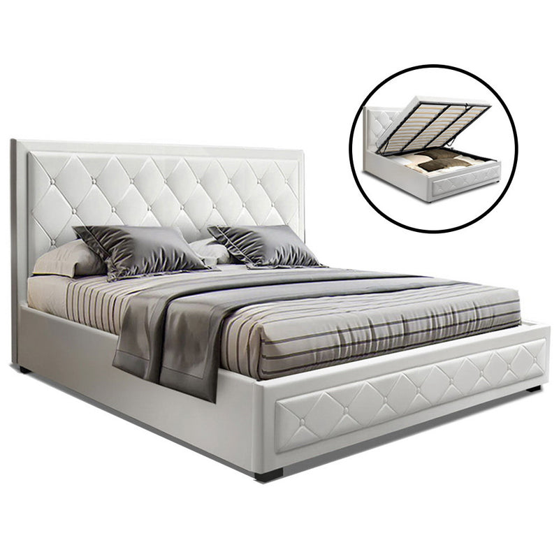 Artiss TIYO King Size Gas Lift Bed Frame Base With Storage Mattress White Leather - Coll Online