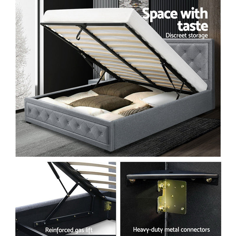 Artiss TIYO Queen Size Gas Lift Bed Frame Base With Storage Mattress Grey Fabric - Coll Online