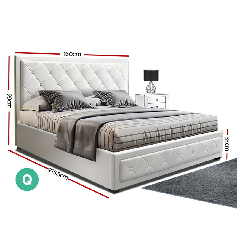 Artiss TIYO Queen Size Gas Lift Bed Frame Base With Storage Mattress White Leather - Coll Online