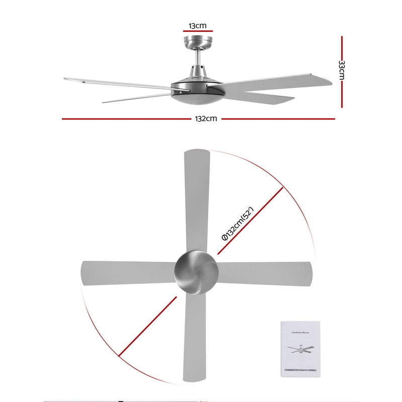 Devanti 52 inch 1300mm Ceiling Fan 4 Wooden Blades with Remote Reversible Fans Silver - Coll Online