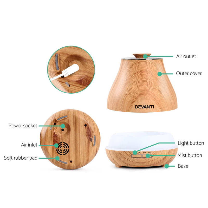 DEVANTi Aroma Diffuser Air Humidifier Light Wood Grain 400ml - Coll Online