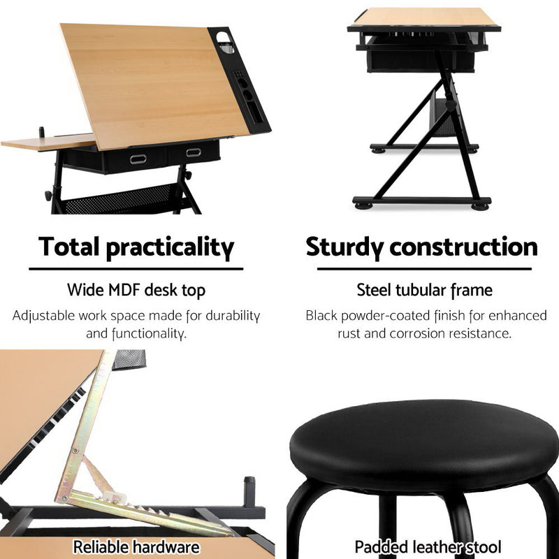 Artiss Tilt Drafting Table Stool Set - Natural & Black - Coll Online