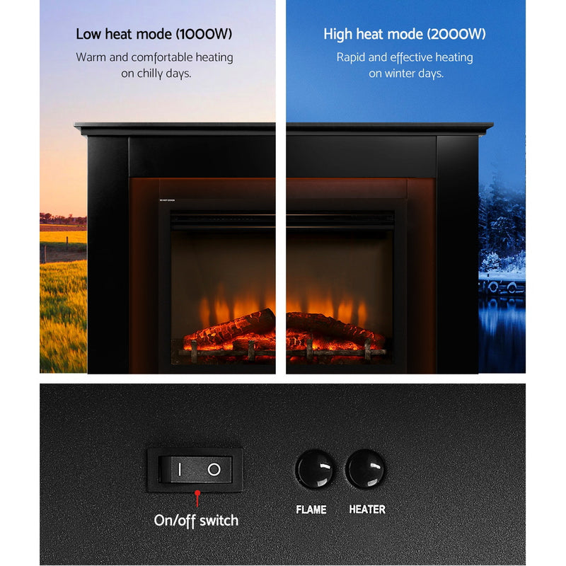 Devanti 2000W Electric Fireplace Mantle Portable Fire Log Wood Heater 3D Flame Effect Black - Coll Online