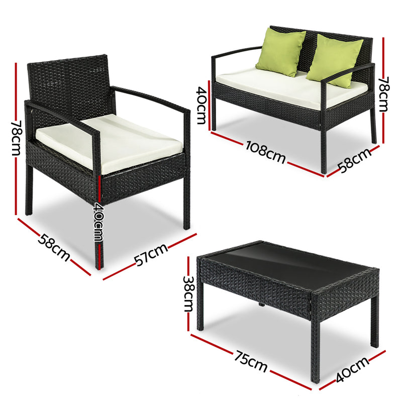 4 Seater Sofa Set Outdoor Furniture Lounge Setting Wicker Chairs Table Rattan Lounger Bistro Patio Garden Cushions Black - Coll Online