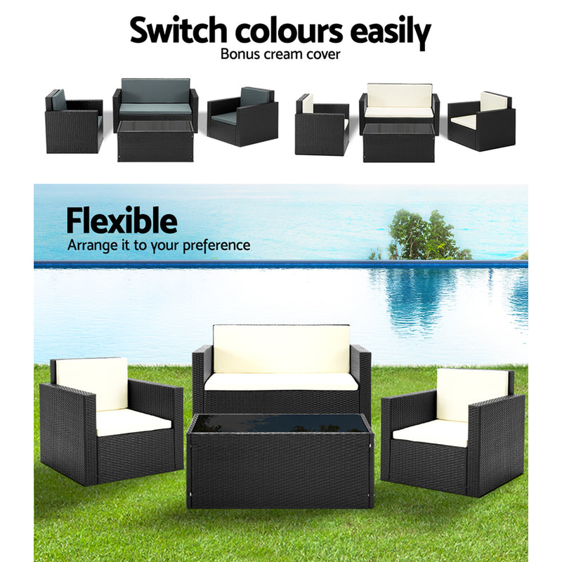 Gardeon 4 Piece Outdoor Wicker Furniture Set - Black