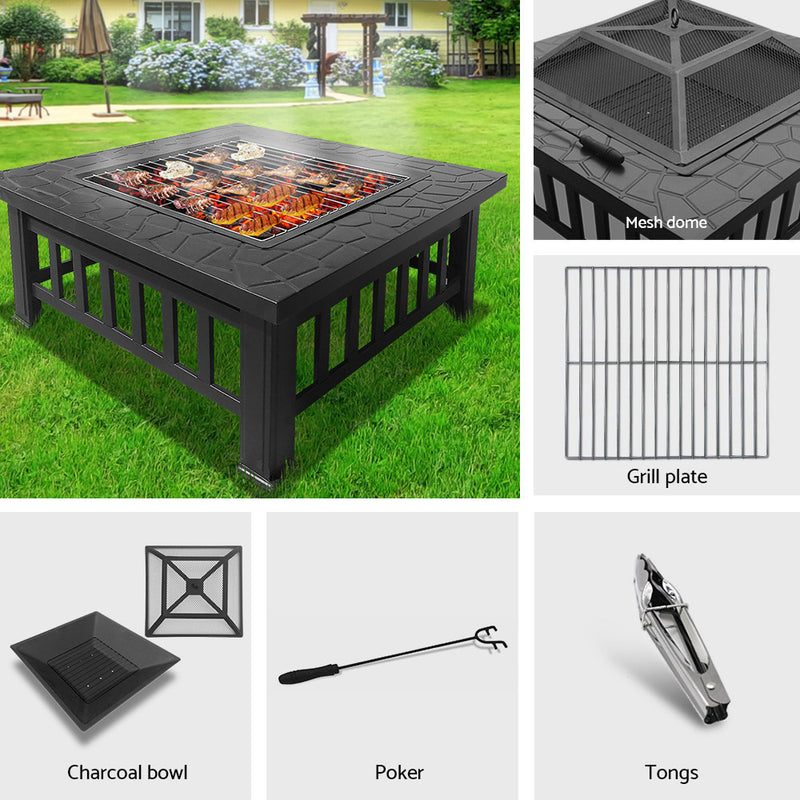 Grillz Outdoor Fire Pit BBQ Table Grill Fireplace Stone Pattern - Coll Online