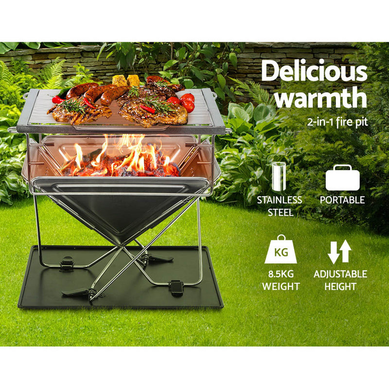Grillz Camping Fire Pit BBQ Portable Folding Stainless Steel Stove Outdoor Pits - Coll Online