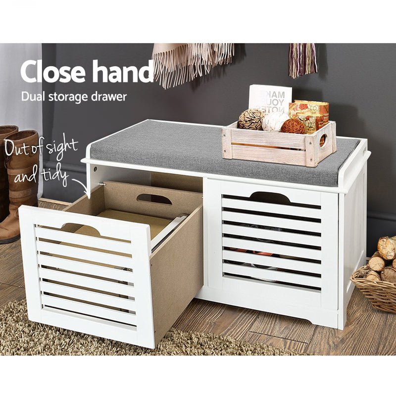 Artiss Fabric Shoe Bench with Drawers - White & Grey