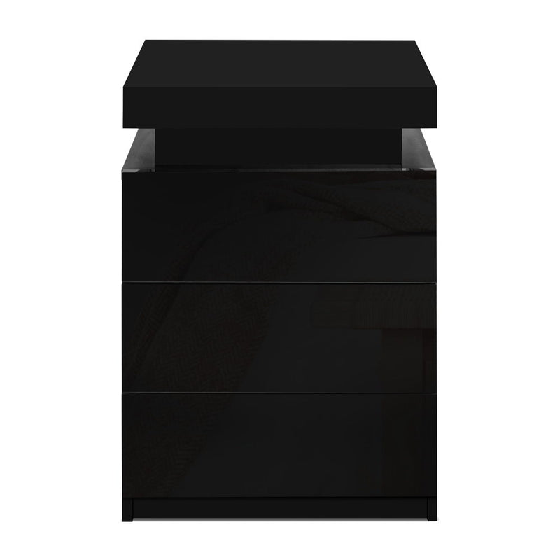 Artiss Bedside Tables Side Table 3 Drawers RGB LED High Gloss Nightstand Black - Coll Online