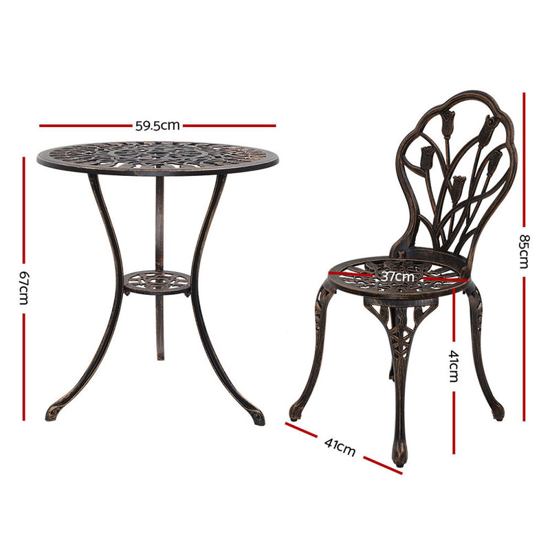 Gardeon 3PC Outdoor Setting Cast Aluminium Bistro Table Chair Patio Bronze - Coll Online