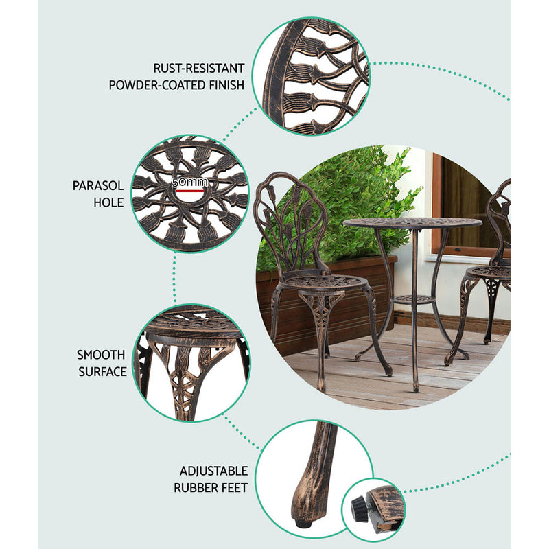 Gardeon 3PC Outdoor Setting Cast Aluminium Bistro Table Chair Patio Bronze - Coll Online