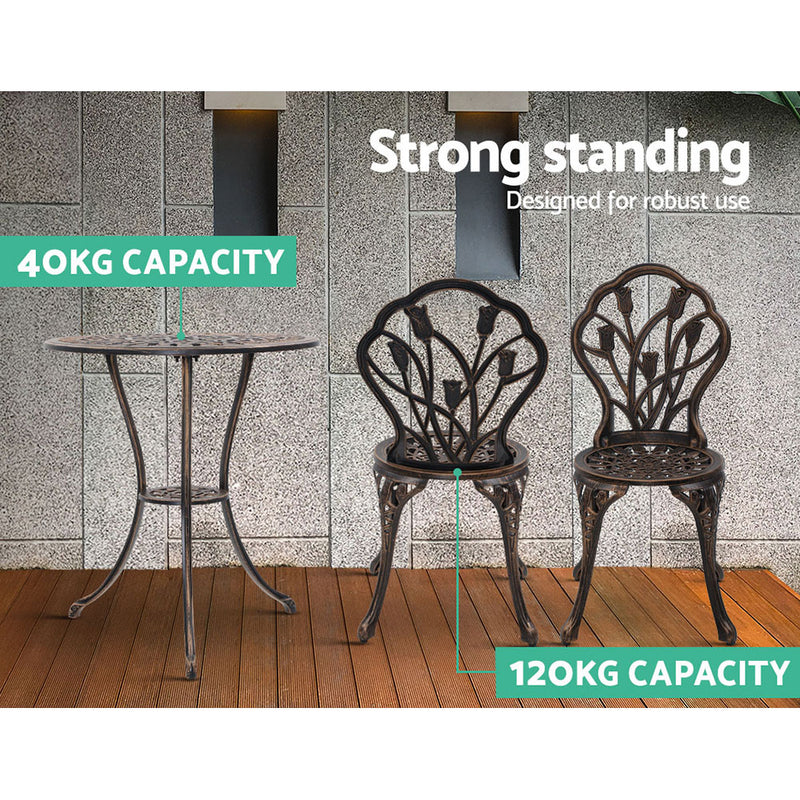 Gardeon 3PC Outdoor Setting Cast Aluminium Bistro Table Chair Patio Bronze - Coll Online