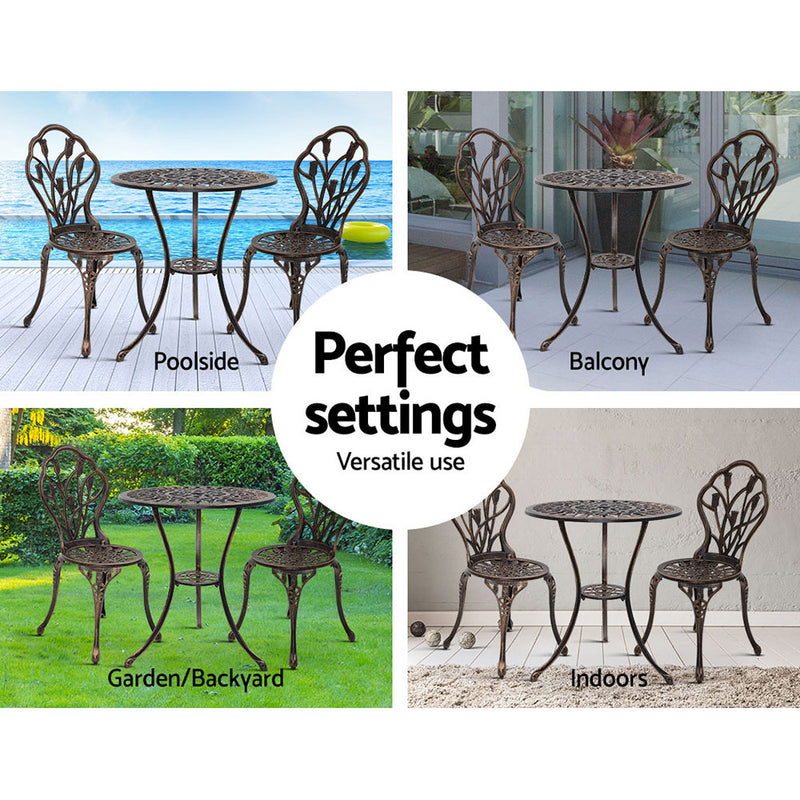 Gardeon 3PC Outdoor Setting Cast Aluminium Bistro Table Chair Patio Bronze - Coll Online