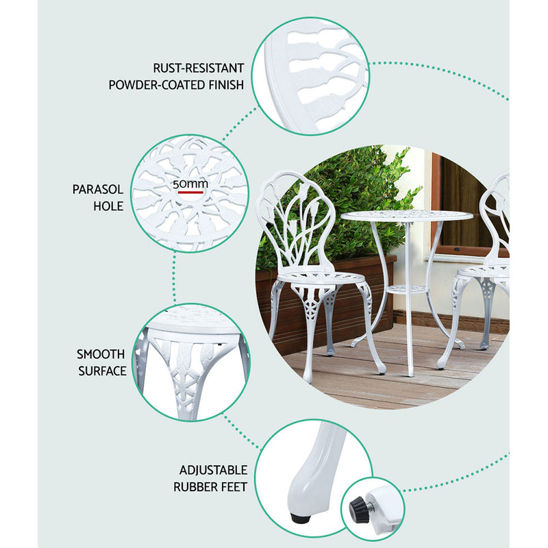 Gardeon 3PC Outdoor Setting Cast Aluminium Bistro Table Chair Patio White - Coll Online