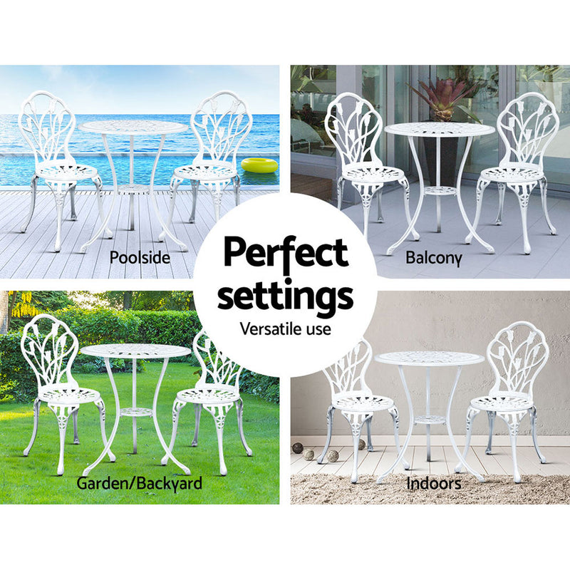 Gardeon 3PC Outdoor Setting Cast Aluminium Bistro Table Chair Patio White - Coll Online