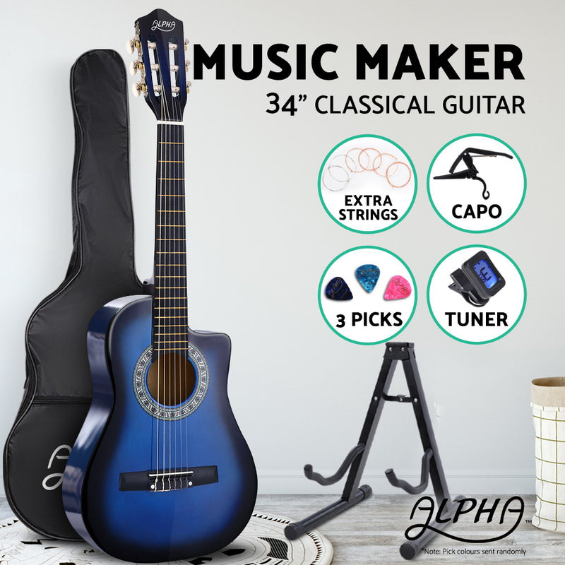 Alpha 34" Inch Guitar Classical Acoustic Cutaway Wooden Ideal Kids Gift Children 1/2 Size Blue with Capo Tuner - Coll Online