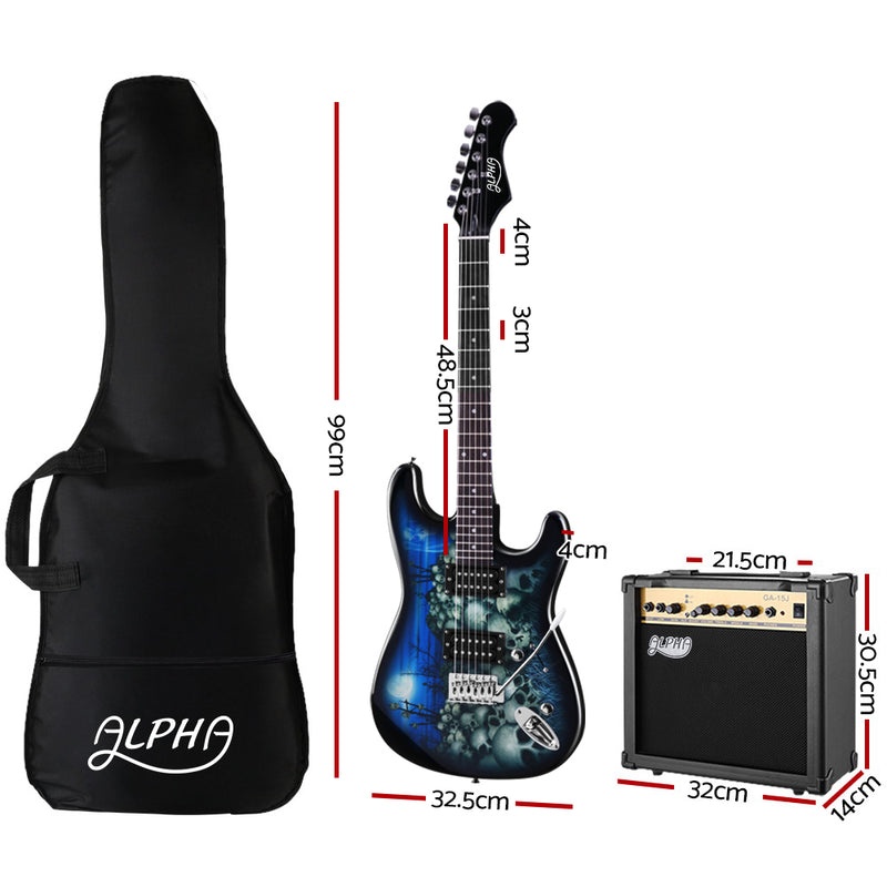 Alpha Electric Guitar And AMP Music String Instrument Rock Blue Carry Bag Steel String - Coll Online