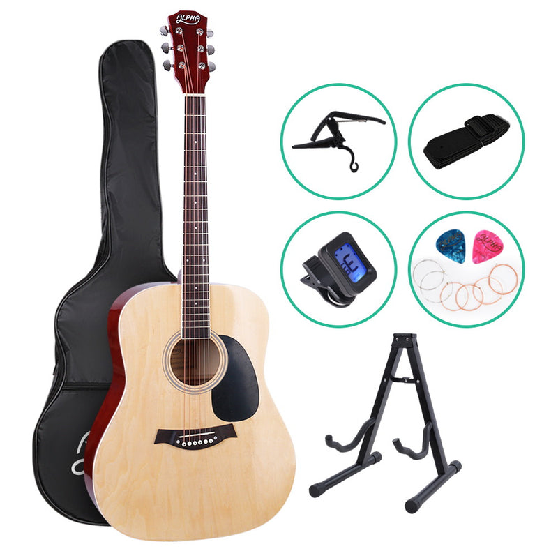 ALPHA 41 Inch Wooden Acoustic Guitar with Accessories set Natural Wood