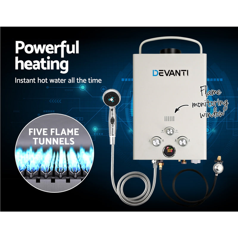 Devanti Outdoor Portable LPG Gas Hot Water Heater Shower Head 12V Water Pump Beige - Coll Online