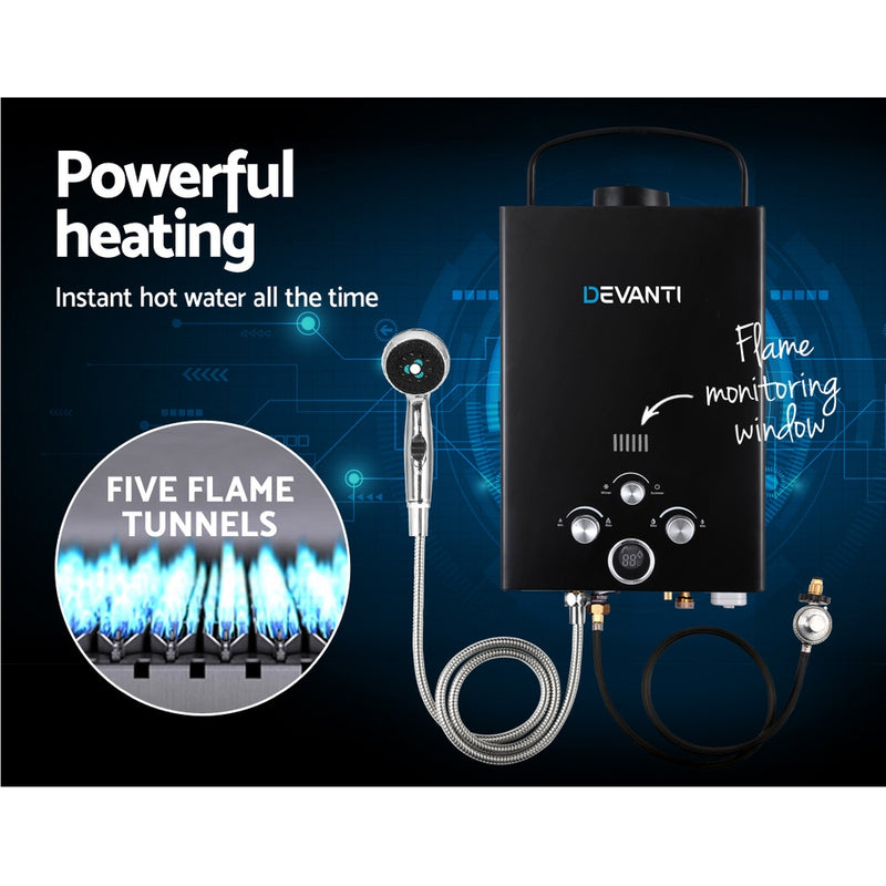 DEVANTi Portable Gas Water Heater Hot Shower Camping LPG Outdoor Instant 4WD Black - Coll Online