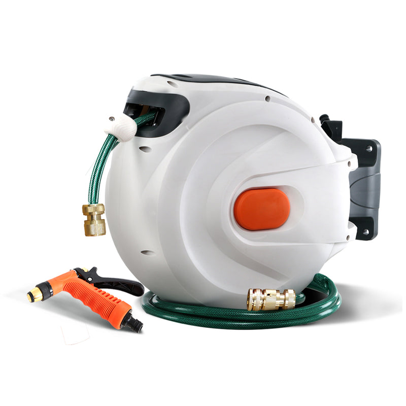 Greenfingers Retractable Hose Reel 30M Garden Water Brass Spray Gun Auto Rewind - Coll Online